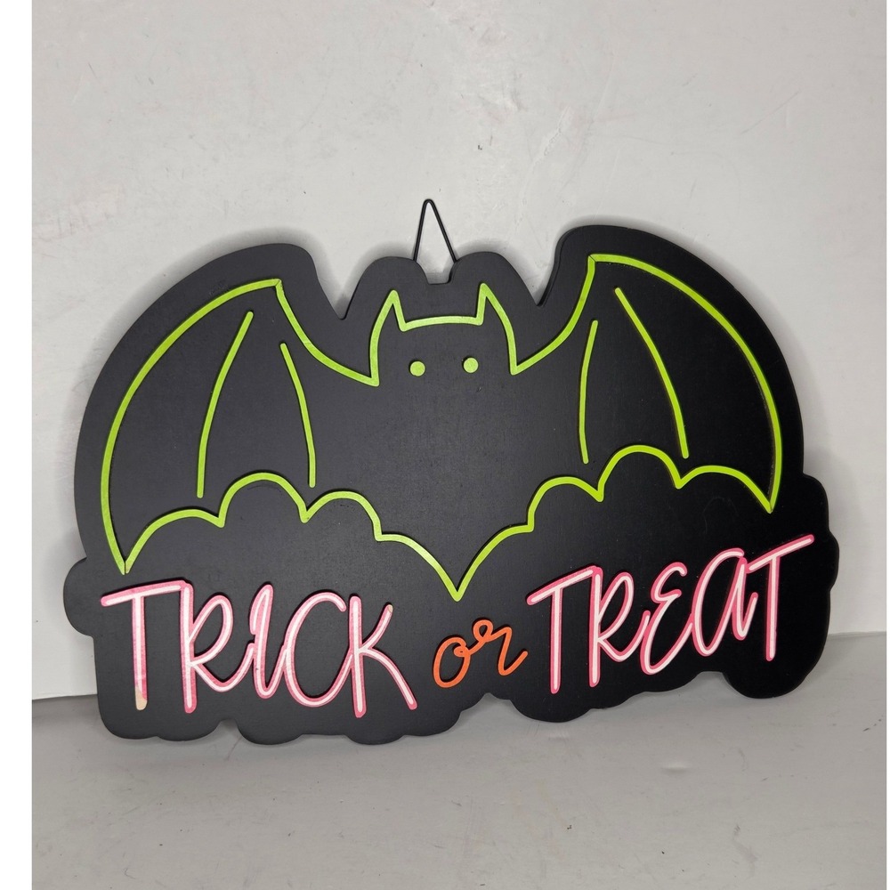 Halloween Bat Trick or Treat Neon Style Wood Wall Sign Decor Black Pink Green